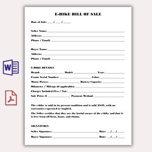 May include: A white E-BIKE BILL OF SALE document featuring fields for seller and buyer information, e-bike details including brand, model, year, serial number, motor power, battery capacity, mileage, and sale price, plus signature lines and legal text.
