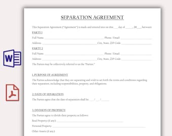 Separation Agreement Template, Divorce Settlement Agreement, Printable Property Division & Spousal Support Form, Child Custody Consent
