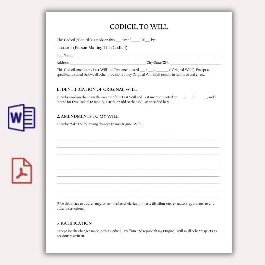 Codicil to Will Template, Editable Will Codicil Form, Printable ...