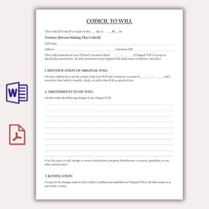 May include: A printed document titled "CODICIL TO WILL" with fillable fields for testator information and amendments. Includes a Microsoft Word icon and a PDF icon. The document is on a white background.