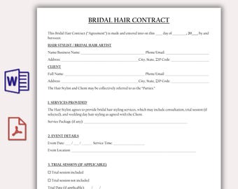 Bridal Hair Contract Template, Customizable Wedding Hairstylist Agreement, Printable Bridal Hair Stylist Booking, Client Intake Form