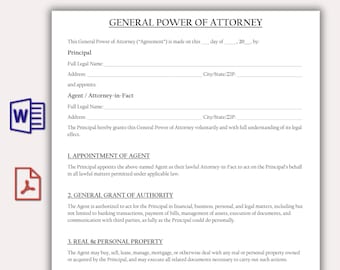 Plantilla de poder general, formulario imprimible, contrato legal, poder general personalizable, descarga instantánea