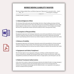 May include: A printed Horse Riding Liability Waiver document. The document includes sections on acknowledgment of risk, assumption of responsibility, release of liability, equipment and safety compliance, and medical treatment authorization. The document has a "W" and a PDF icon on the left side.