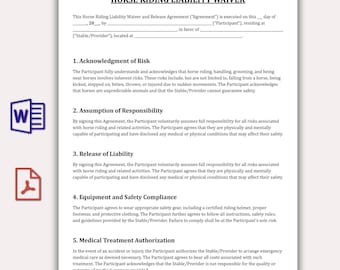 Plantilla de exención de responsabilidad para equitación, formulario de exención de responsabilidad equina (PDF y Word), formulario de consentimiento para equitación, acuerdo de exención de responsabilidad