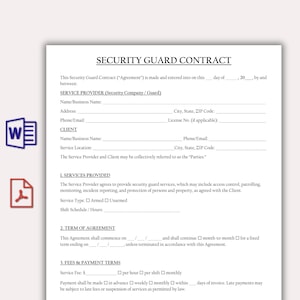 Könnte beinhalten: Eine Vorlage für einen Sicherheitsdienstvertrag auf weißem Papier. Das Dokument enthält Abschnitte für den Dienstleister, Kundeninformationen, erbrachte Leistungen, Laufzeit der Vereinbarung und Gebühren. Der Text ist schwarz, mit einigen Symbolen auf der linken Seite.