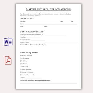 Può includere: Un modulo di acquisizione clienti per truccatori bianco con testo nero. Il modulo include sezioni per il profilo del cliente, i dettagli dell'evento e le richieste di servizi. Icone di documenti Word e PDF nell'angolo in basso a sinistra.