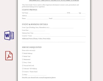 Ficha de Cadastro de Clientes de Maquiagem | Editável em A4 e Carta (EUA) | Formulário de Consulta de Maquiagem | Formulário de Cliente de Beleza para Imprimir | Modelos em PDF e Word