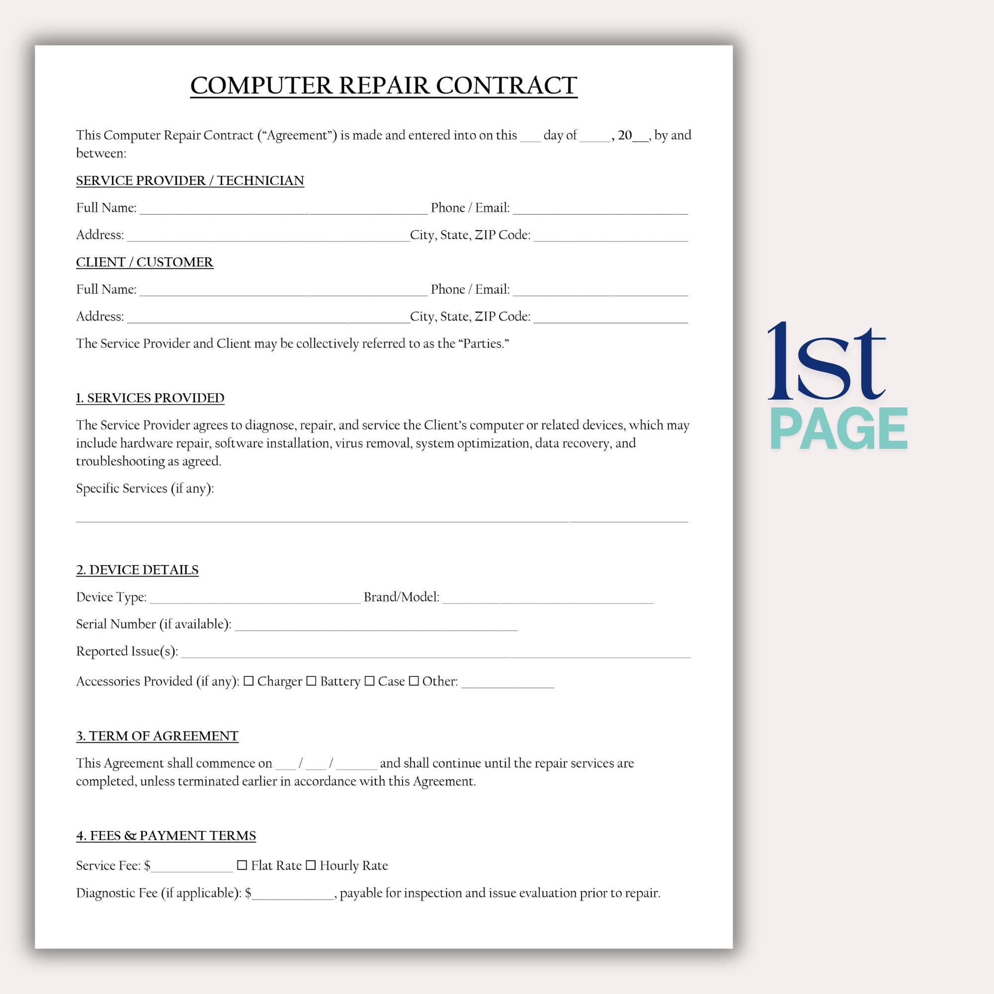 Computer Repair Contract Template, Computer Repair Maintenance Contract ...