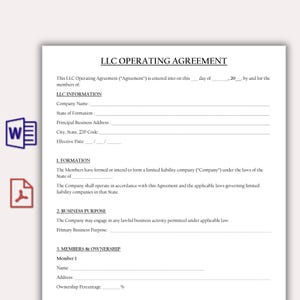 May include: A white document titled LLC OPERATING AGREEMENT with black text and blank lines for filling in company information, formation details, business purpose, and member ownership percentages, accompanied by Word and PDF icons.