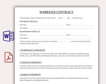 Plantilla de contrato matrimonial, acuerdo de relación editable para parejas, formulario de acuerdo matrimonial imprimible, descarga instantánea, Word y PDF