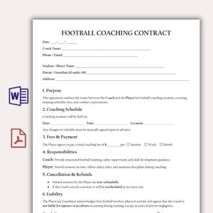 Mall för fotbollstränaravtal, spelartränaravtal i PDF-format, formulär för sportträning, redigerbart utskrivbart, ungdom och vuxen, nedladdning