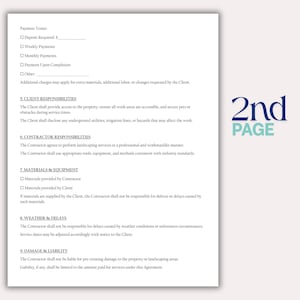 May include: A white document with text detailing payment terms, client and contractor responsibilities, and materials and equipment. The document includes the text "2nd PAGE" in a teal font in the upper right corner.