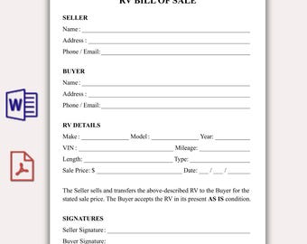 Simple RV Bill of Sale Template, Editable Camper Sale Agreement, Printable Motor Vehicle Contract, Minimalist RV Purchase Form