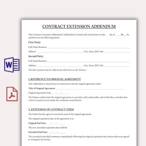 Può includere: Un documento bianco intitolato "ADDENDUM DI ESTENSIONE DEL CONTRATTO" con campi compilabili per le parti, gli indirizzi e le date. Il documento include sezioni per fare riferimento all'accordo originale e prolungare il termine del contratto. Icone di Word e PDF.