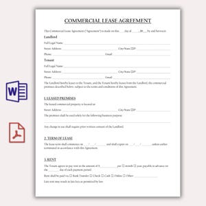 May include: A Commercial Lease Agreement template with sections for Landlord and Tenant details. The document includes fields for Street Address, Phone, and Email. Icons for Word and PDF documents are visible on the left side.