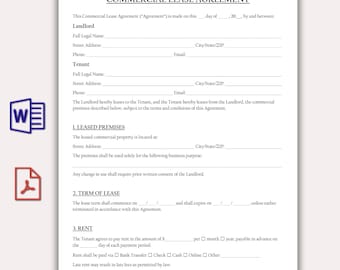 Editable Commercial Lease Agreement Template, Printable Business Rental Contract Form, PDF & Word, Property Rental Lease, Instant Download