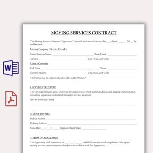 Può includere: Un documento bianco del Contratto di Servizi di Trasloco con testo nero. Il documento include sezioni per l'azienda di traslochi, il cliente, i servizi forniti, i dettagli del trasloco e la durata del contratto. C'è un'icona di Word e un'icona PDF.