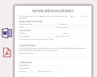 Plantilla de contrato de servicios de mudanza, contrato de servicios de transporte profesional, formulario de transporte, servicios de reubicación editables e imprimibles.