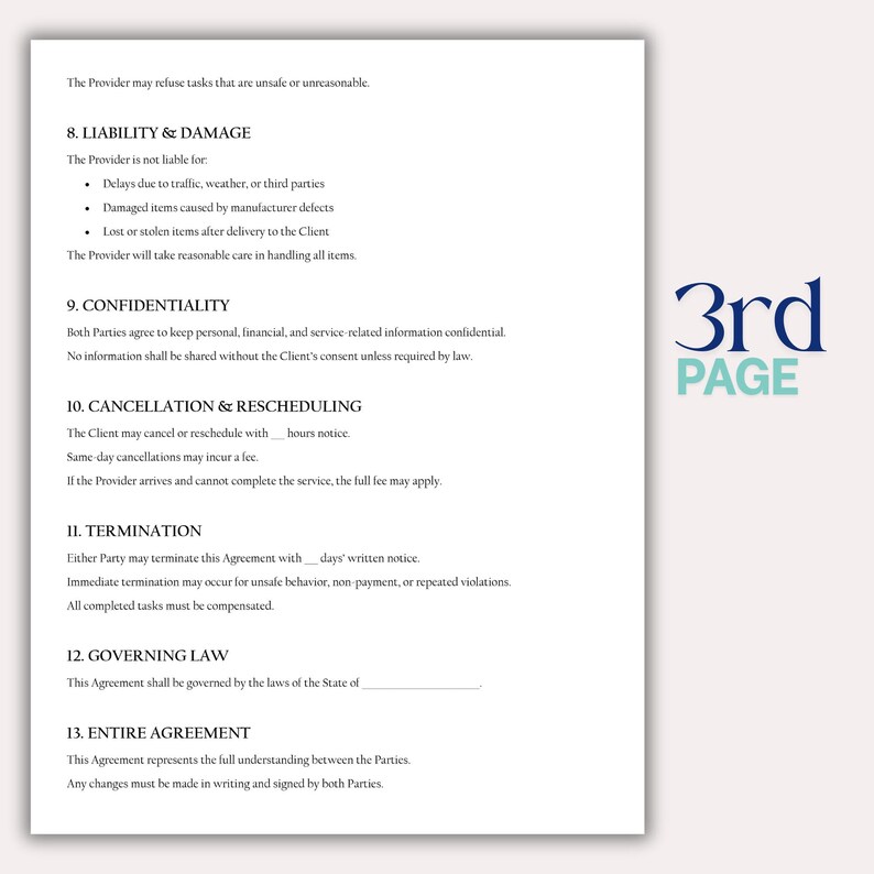 May include: A white document with text detailing liability, confidentiality, cancellation, termination, governing law, and entire agreement clauses. The words "3rd PAGE" are in a teal font in the upper right corner.