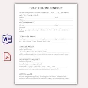 Peut inclure: Un document de contrat de pension de chevaux blanc avec des sections pour les informations sur le cheval, le type de pension, les frais et les soins. Comprend une icône Microsoft Word et une icône PDF. Le contrat est pour un propriétaire d'écurie et un propriétaire de cheval.