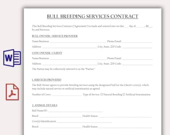 Bull Breeding Services Contract Template, Livestock Breeding Agreement, Printable Bull Stud Service Contract, Cow Breeding Liability Waiver