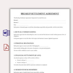 May include: A Breakup Settlement Agreement document with the title in bold black letters. The document includes sections for mutual understanding, personal belongings, and financial settlement. A Word document icon and a PDF icon are in the left corner.