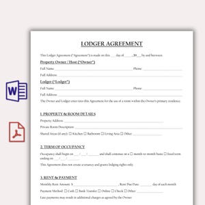 May include: A Lodger Agreement document titled "LODGER AGREEMENT". The document includes sections for property details, term of occupancy, and rent payment. The document is on a white background with a Word and PDF icon.