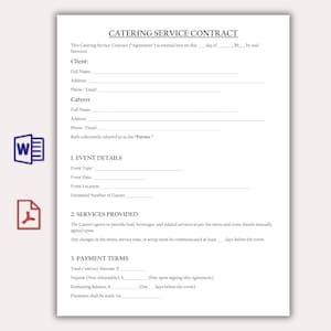 Op de afbeelding: Een catering service contract sjabloon met secties voor klant- en cateraar details, evenement specificaties, geleverde diensten en betalingsvoorwaarden. Bevat velden voor evenementtype, datum, locatie en geschat aantal gasten.