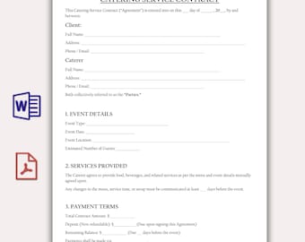Plantilla de contrato de catering editable, contrato de servicio de catering sencillo, contrato de catering y servicio de comida imprimible, edición en Word.