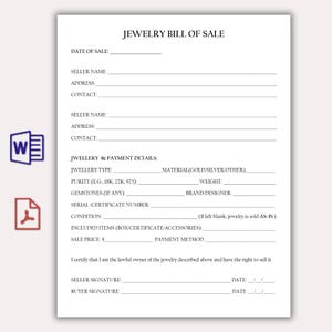 Puede incluir: Un formulario blanco de factura de venta de joyas con campos rellenables para la información del vendedor y del comprador, detalles de las joyas y condiciones de venta. Incluye campos para la fecha, el nombre del vendedor, la dirección, el contacto y las firmas.