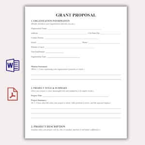 May include: A white Grant Proposal form with sections for organization information, project title and summary, and project description. Includes fields for name, address, and mission statement. Two icons are visible on the left side.