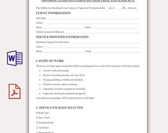 Plantilla de contrato de servicio de detallado de vehículos a domicilio, PDF editable, negocio de limpieza de vehículos, contrato de servicio de lavado de autos