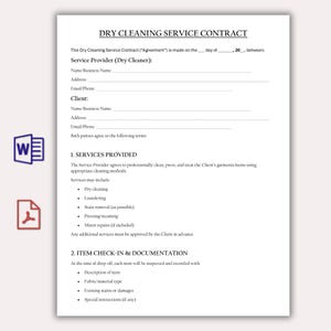 May include: A printed dry cleaning service contract on white paper. The document includes sections for service provider and client information, and details services like dry cleaning, laundering, and stain removal. Includes a Word and PDF icon.