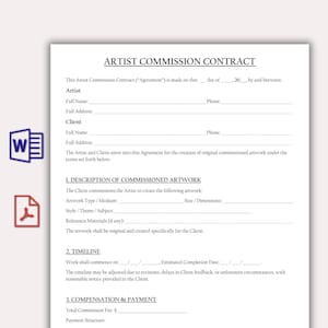 Op de afbeelding: Een gedrukt kunstenaarsovereenkomst op wit papier. Het document bevat secties voor kunstenaar- en klantgegevens, beschrijving van het kunstwerk, tijdlijn en vergoedingsdetails. Het contract is voor in opdracht gemaakt kunstwerk.