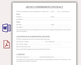 Artist Commission Contract Template,  Editable Agreement for Art Commissions Form, Printable Artwork Contract PDF, Instant Download Word