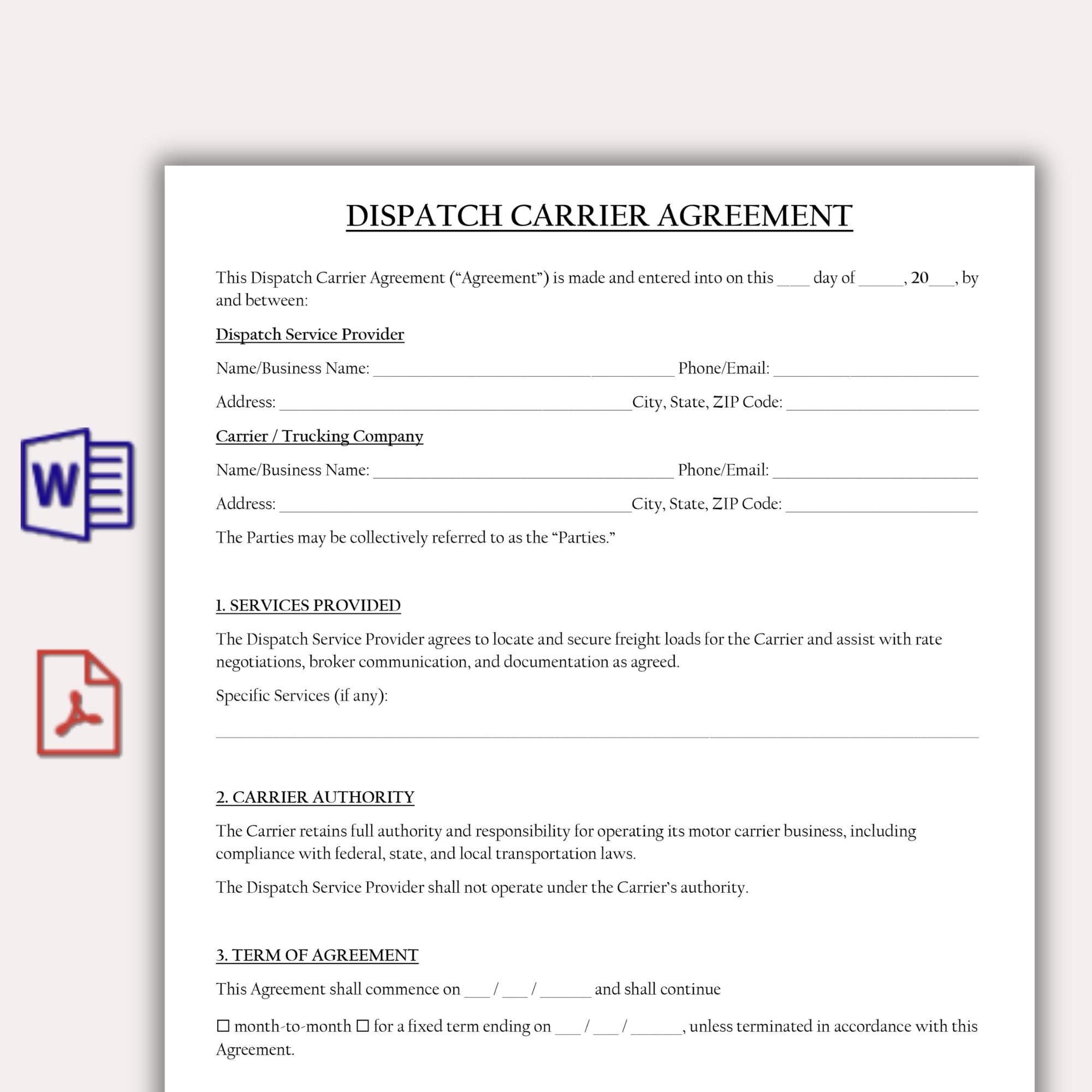 Dispatcher Agreement Template Dispatch Carrier Agreement Template, Editable Logistics Service ...