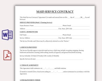 Printable Maid Service Contract Template, Professional Cleaning Service Agreement, Editable House Cleaning Booking Form, Instant Download