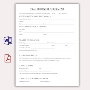 May include: A white document titled "TRAILER RENTAL AGREEMENT" with fillable fields for owner and renter information, trailer details, rental terms, and fees. Includes a Word and PDF icon.