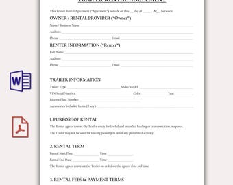 Trailer Rental Agreement Template, Editable Trailer Lease Contract PDF, Equipment & Utility Trailer Hire Form, Printable Rental Business