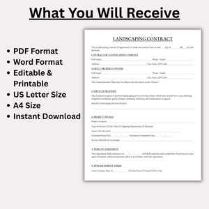 May include: A landscaping contract template with the title "LANDSCAPING CONTRACT" in black text. The document includes sections for contractor and client information, services provided, project details, and payment terms. The document is available in PDF and Word formats, is editable, printable, and available in US Letter and A4 sizes.