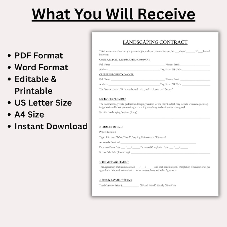 May include: A landscaping contract template with the title "LANDSCAPING CONTRACT" in black text. The document includes sections for contractor and client information, services provided, project details, and payment terms. The document is available in PDF and Word formats, is editable, printable, and available in US Letter and A4 sizes.
