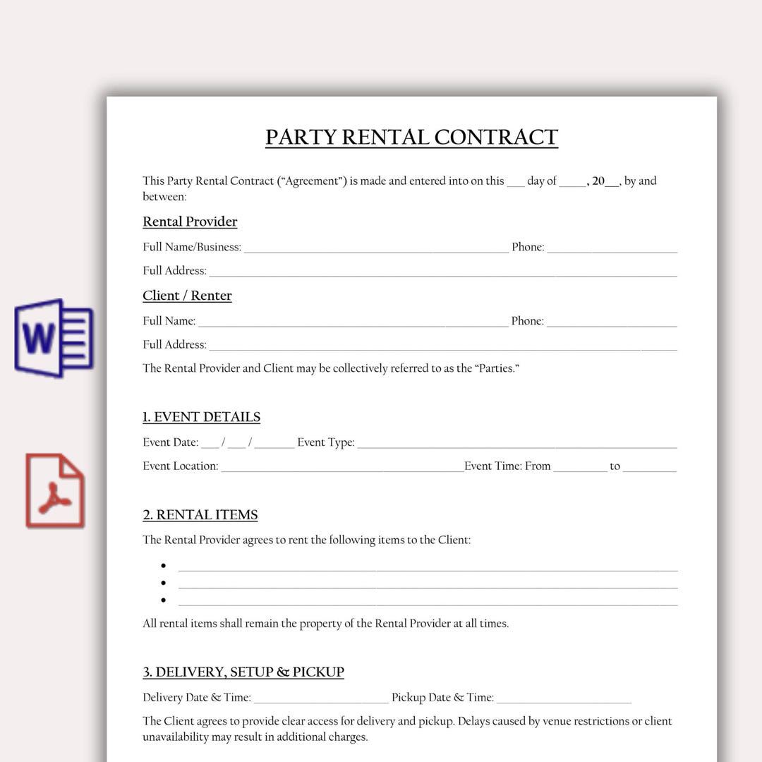 Example Event Rental Agreement Party Rental Contract Template, Customizable Party Rental Agreement ...