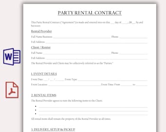 Party Rental Contract Template, Customizable Party Rental Agreement, Equipment Agreement,  Printable Party Planning Rental form, Word & PDF