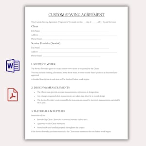 Può includere: Un documento di accordo di cucito personalizzato con il titolo in alto. Il documento include sezioni per le informazioni sul cliente e sul fornitore di servizi, l'ambito del lavoro, il design e le misure e i materiali e le forniture. Un'icona di Word e PDF si trova nell'angolo sinistro.
