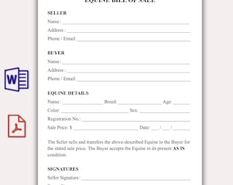 Simple Equine Bill of Sale, Editable Horse Sale Agreement, Printable Horse Purchase Contract, Business Legal Form, Word PDF Instant Download