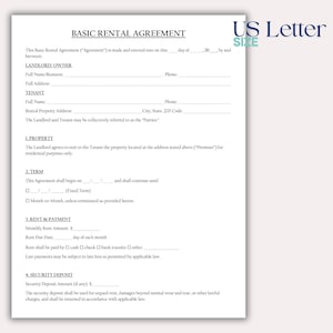 May include: A white US Letter size document titled "BASIC RENTAL AGREEMENT". The document includes sections for Landlord/Owner, Tenant, Property, Term, Rent & Payment, and Security Deposit. Text is black on a white background.