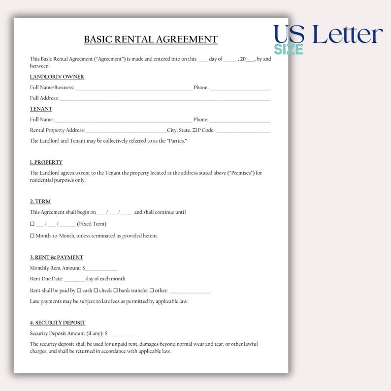 May include: A white US Letter size document titled "BASIC RENTAL AGREEMENT". The document includes sections for Landlord/Owner, Tenant, Property, Term, Rent & Payment, and Security Deposit. Text is black on a white background.