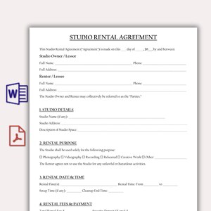 May include: A Studio Rental Agreement document with sections for studio details, rental purpose, dates, times, and fees. Includes a Microsoft Word icon and a PDF icon.