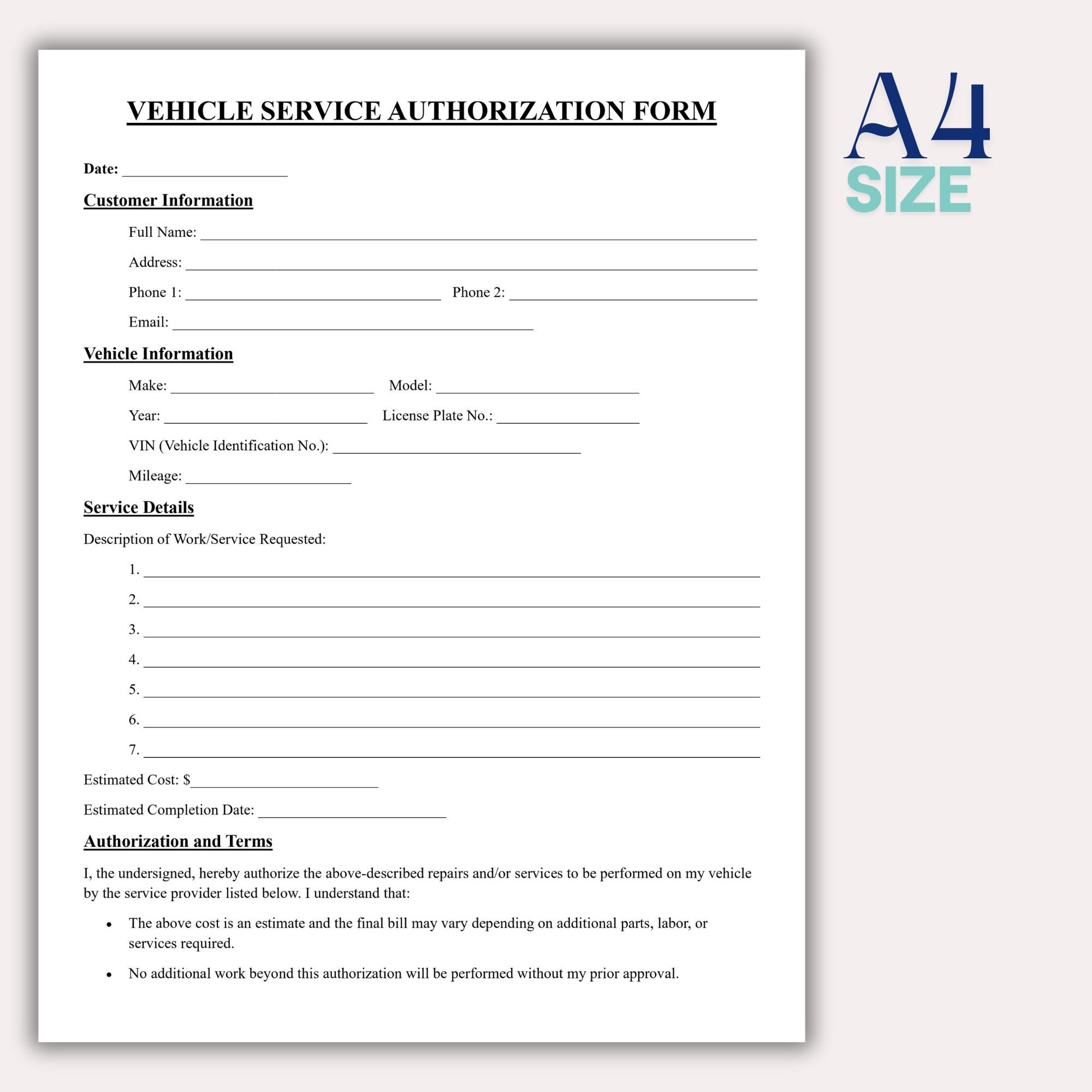Editable Vehicle Service Authorization Form | Auto Repair Work Order ...