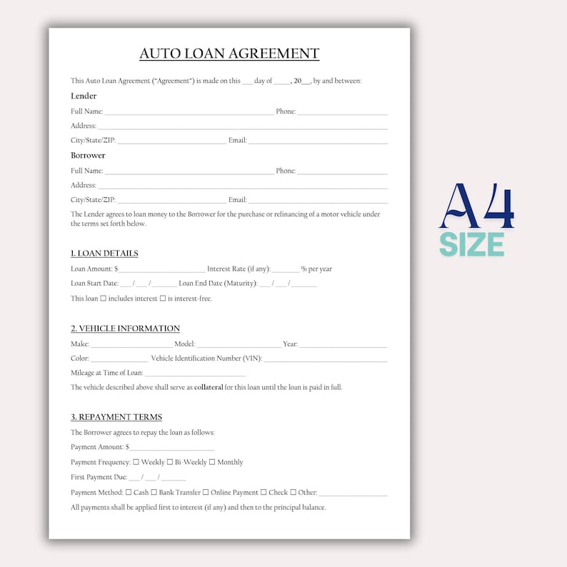 Auto Loan Form.pdf Auto Loan Agreement Template, Editable Auto Finance Plan Form, Car ...